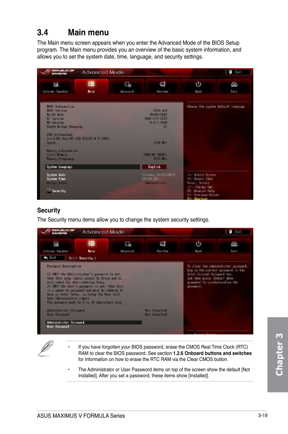 4 main menu, Main menu -19, Chapter 3 3.4 main menu | Asus MAXIMUS V E7295 User Manual | Page 111 / 234