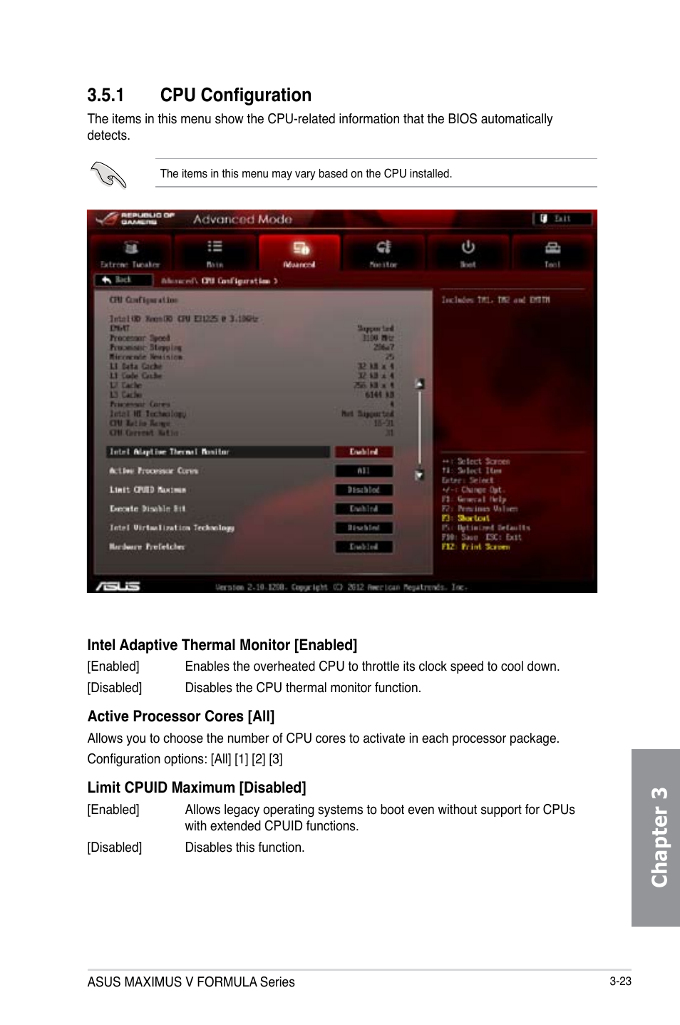 1 cpu configuration, Cpu configuration -23, Chapter 3 | Asus MAXIMUS V E7295 User Manual | Page 115 / 234