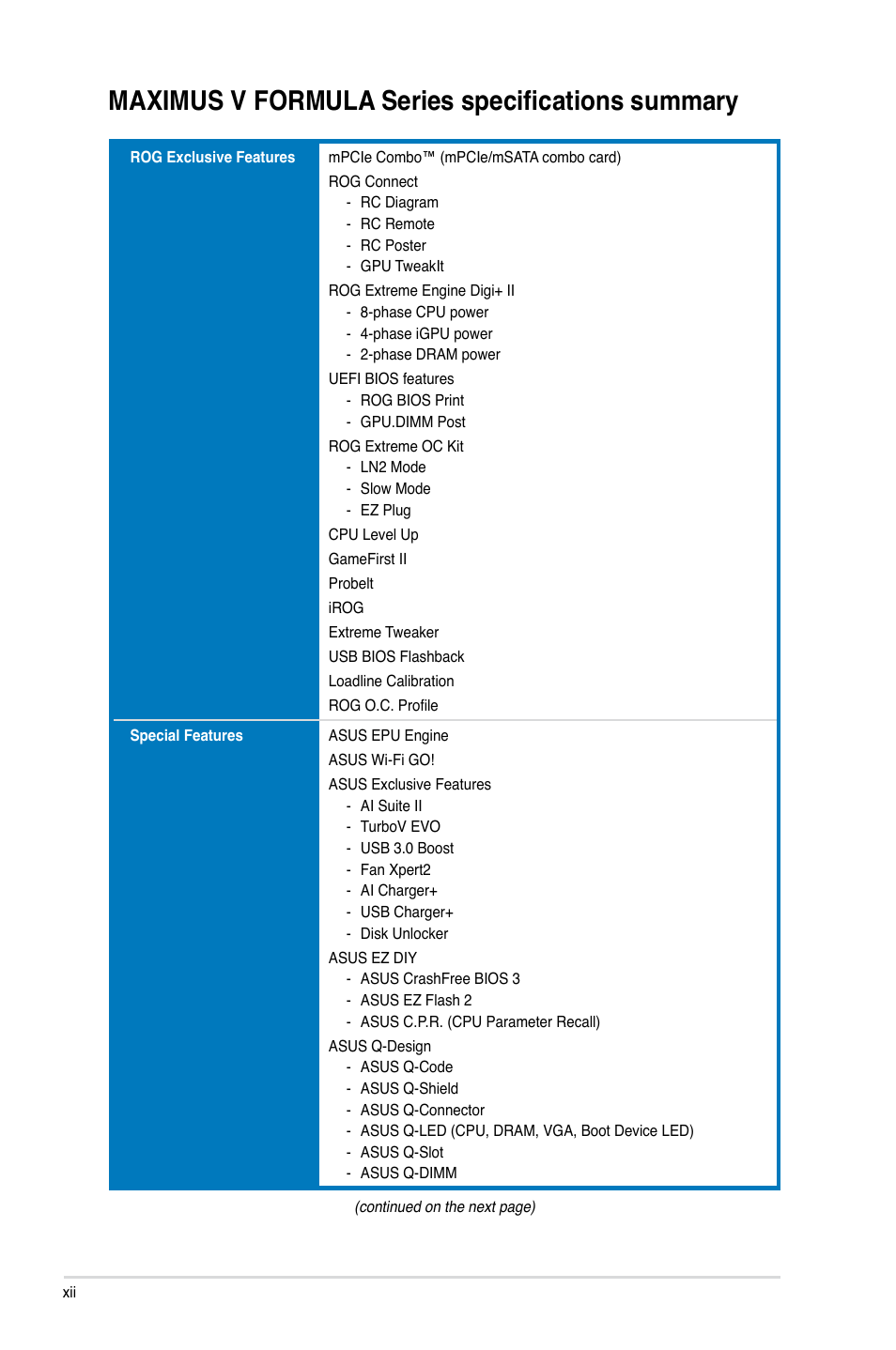 Maximus v formula series specifications summary | Asus MAXIMUS V E7295 User Manual | Page 12 / 234