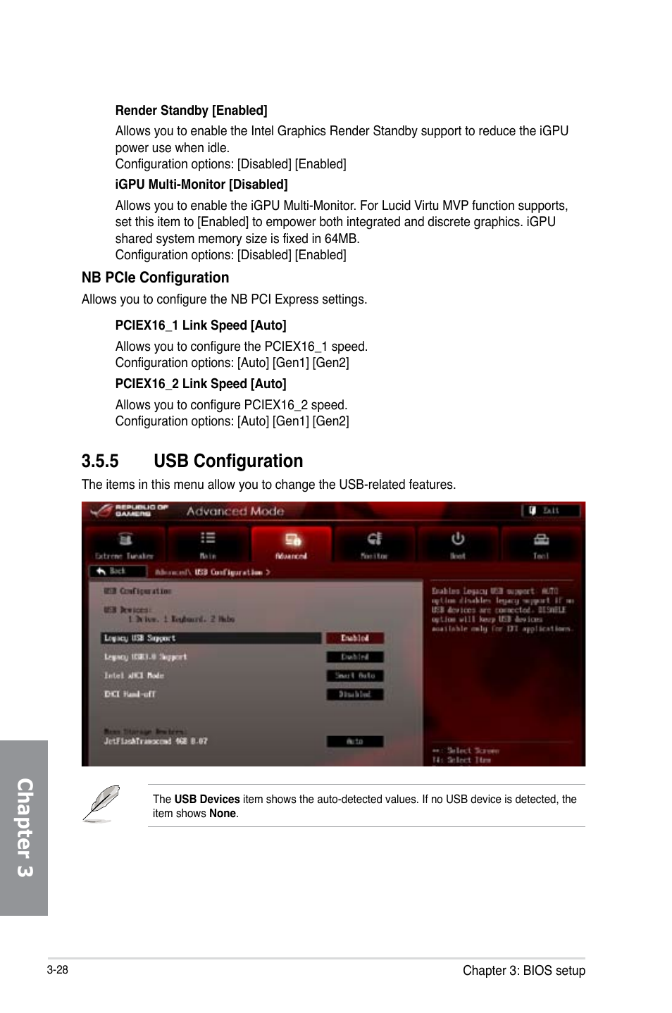 5 usb configuration, Usb configuration -28, Chapter 3 | Asus MAXIMUS V E7295 User Manual | Page 120 / 234