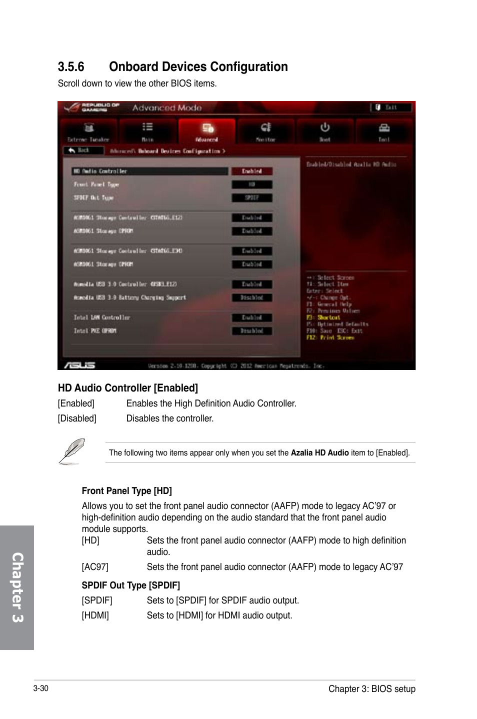 6 onboard devices configuration, Onboard devices configuration -30, Chapter 3 | Asus MAXIMUS V E7295 User Manual | Page 122 / 234