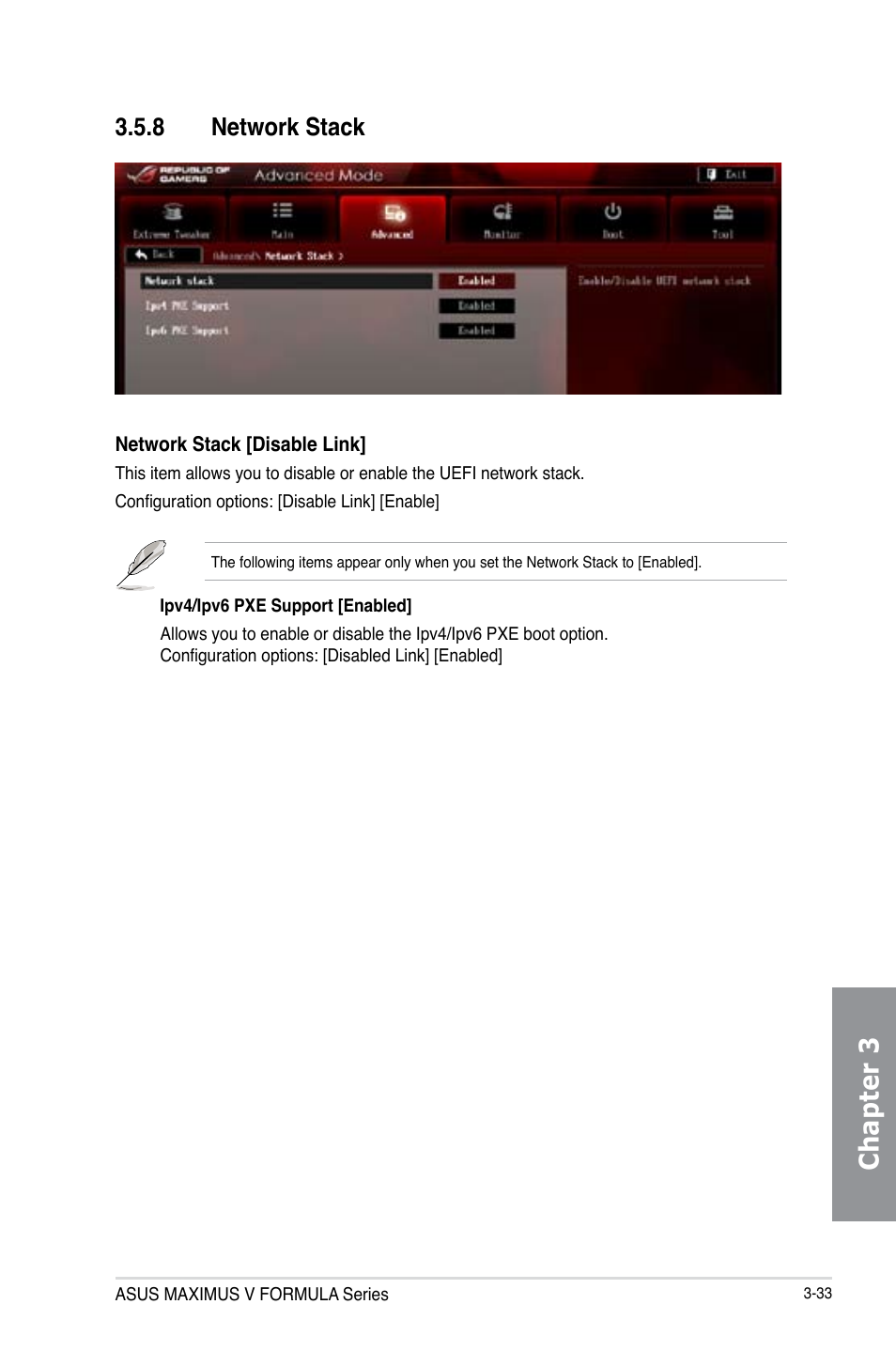 8 network stack, Network stack -33, Chapter 3 | Asus MAXIMUS V E7295 User Manual | Page 125 / 234