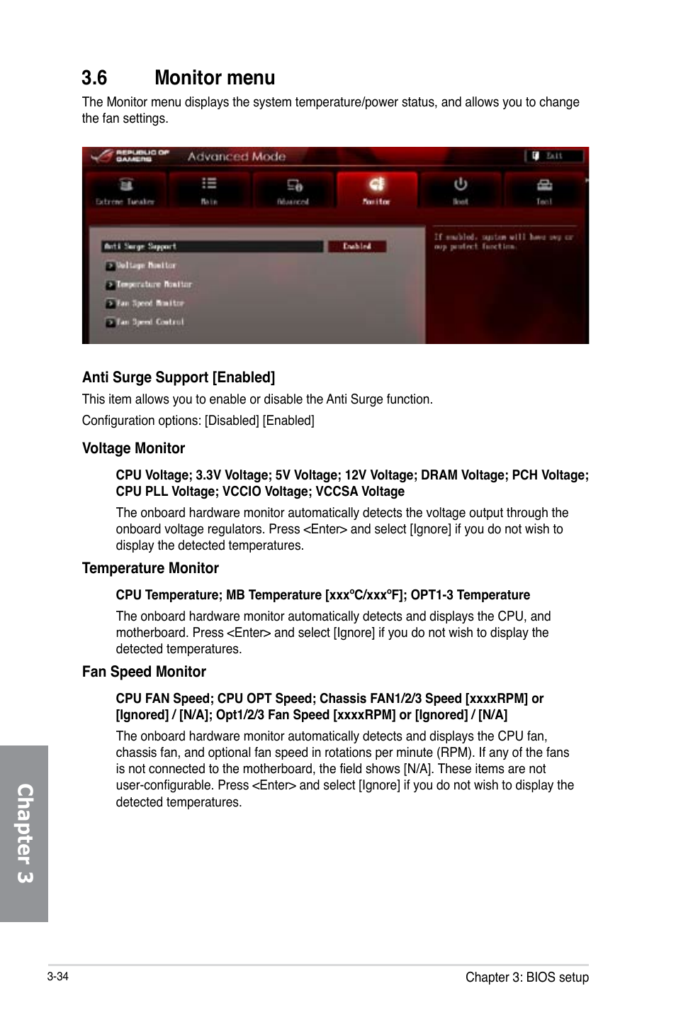 6 monitor menu, Monitor menu -34, Chapter 3 3.6 monitor menu | Asus MAXIMUS V E7295 User Manual | Page 126 / 234