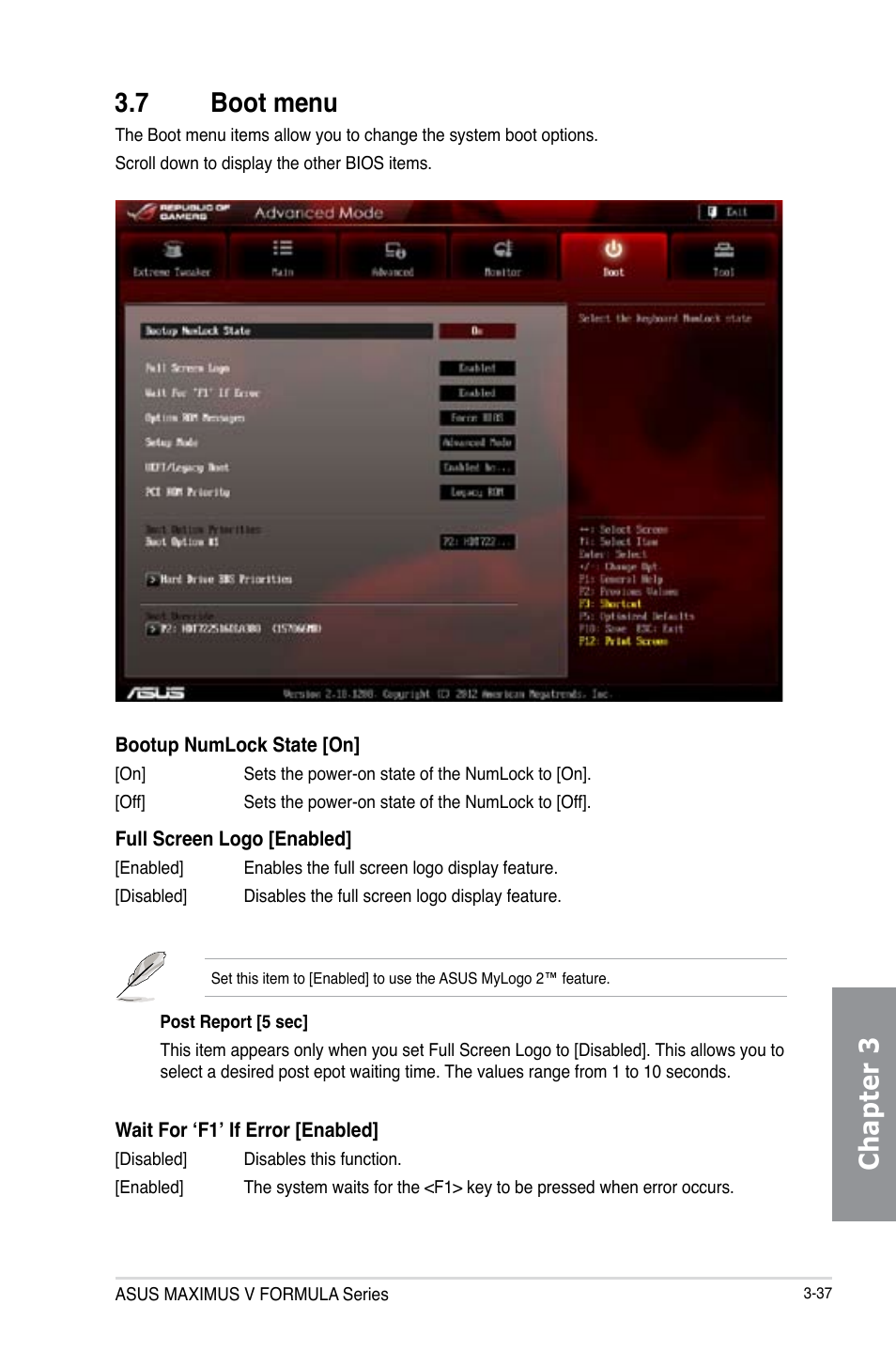 7 boot menu, Boot menu -37, Chapter 3 3.7 boot menu | Asus MAXIMUS V E7295 User Manual | Page 129 / 234