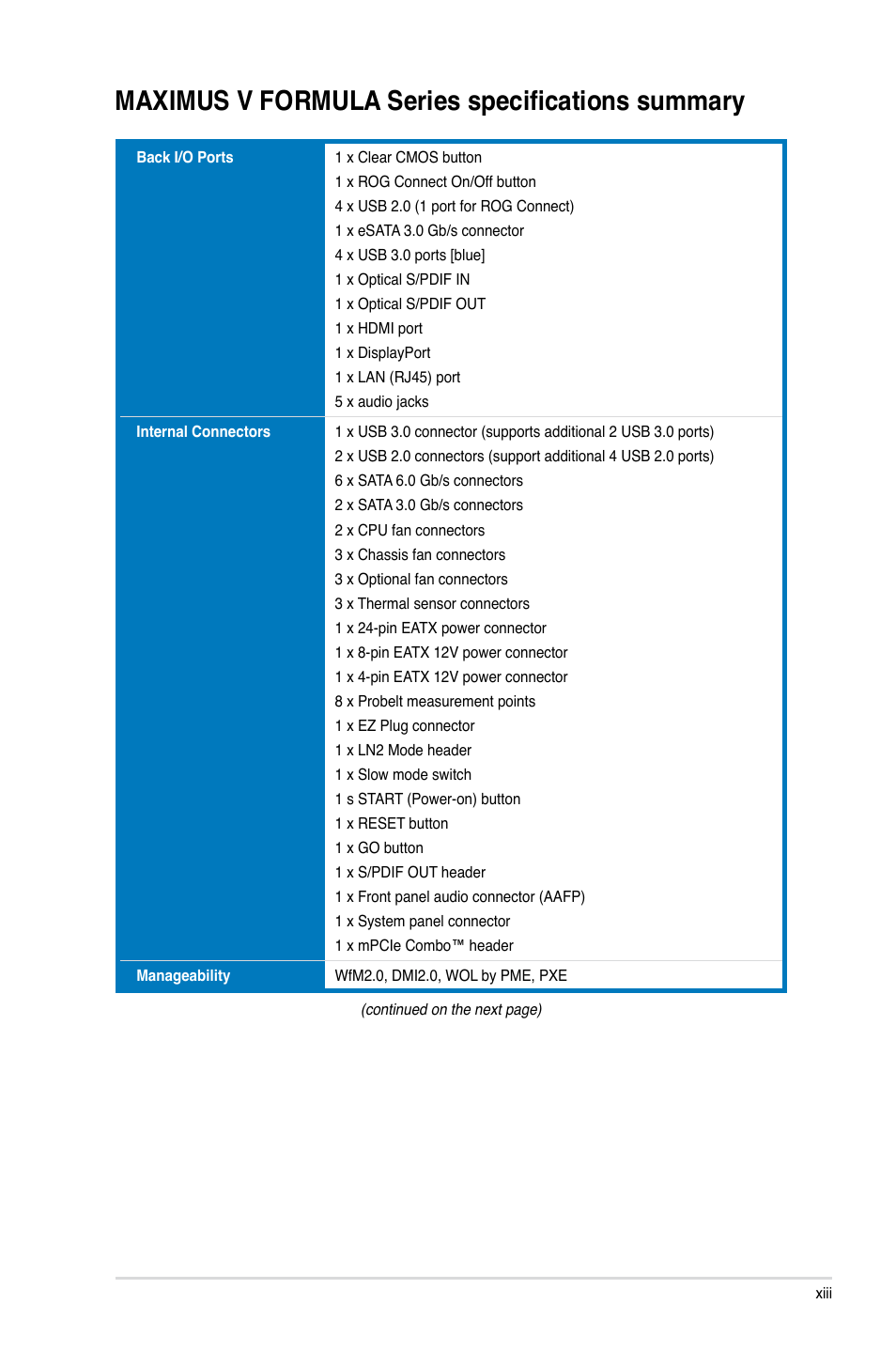 Maximus v formula series specifications summary | Asus MAXIMUS V E7295 User Manual | Page 13 / 234
