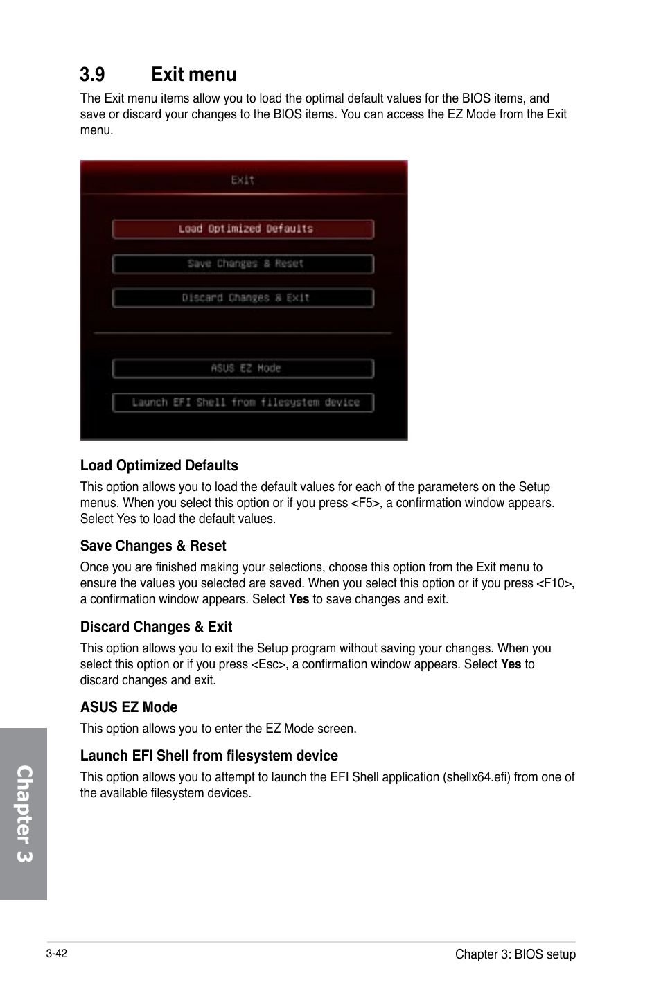 9 exit menu, Exit menu -42, Chapter 3 3.9 exit menu | Asus MAXIMUS V E7295 User Manual | Page 134 / 234