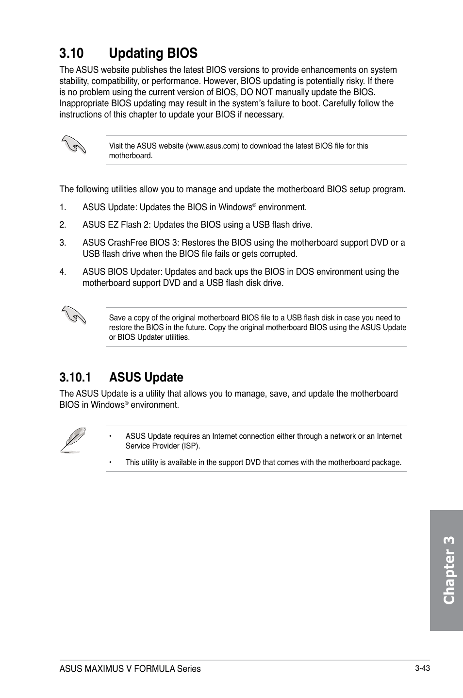 10 updating bios, 1 asus update, Updating bios -43 3.10.1 | Asus update -43, Chapter 3 3.10 updating bios | Asus MAXIMUS V E7295 User Manual | Page 135 / 234