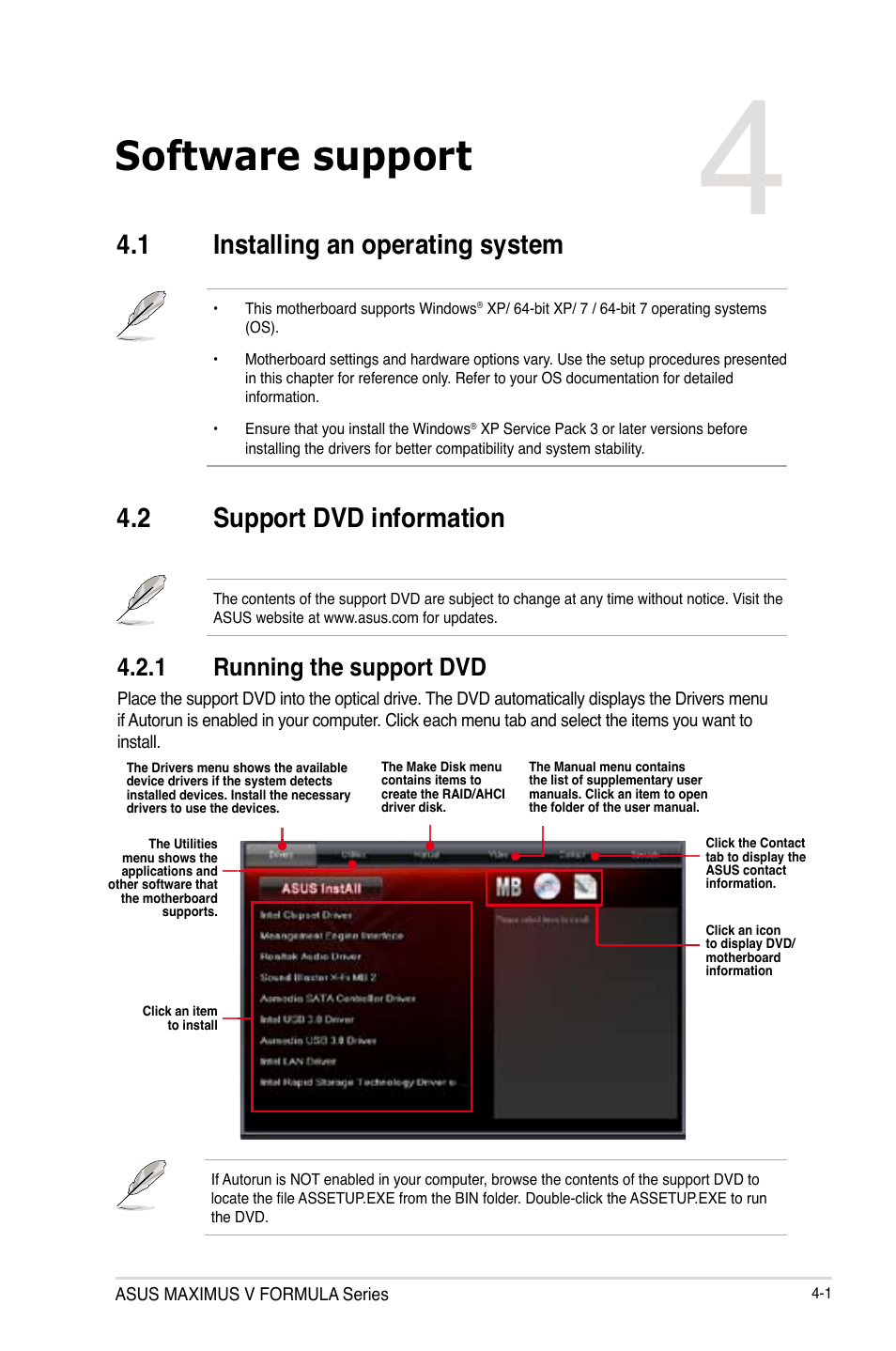 Software support, 1 installing an operating system, 2 support dvd information | 1 running the support dvd, Installing an operating system -1, Support dvd information -1 4.2.1, Running the support dvd -1, Chapter 4 | Asus MAXIMUS V E7295 User Manual | Page 143 / 234