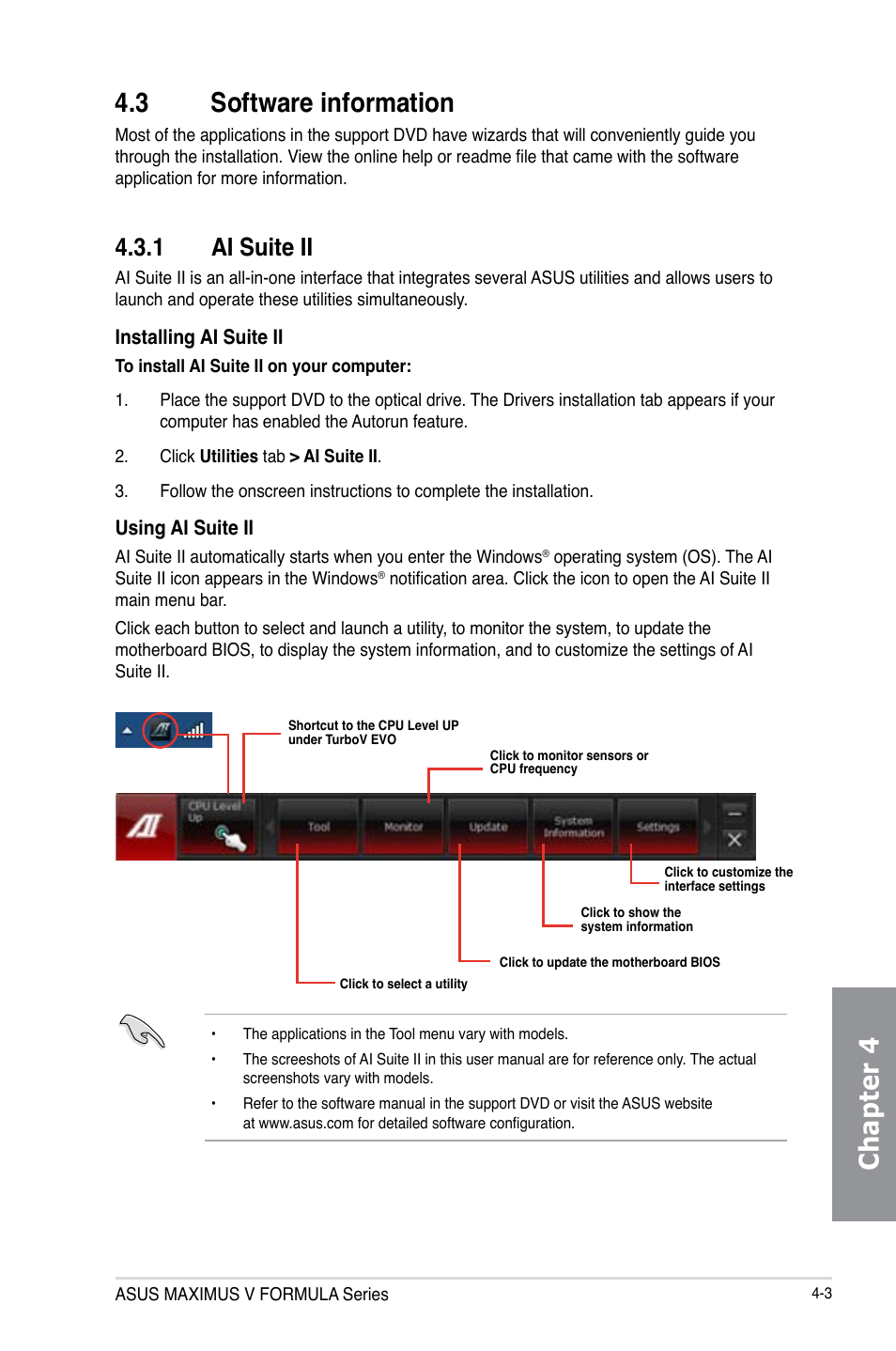 3 software information, 1 ai suite ii, Software information -3 4.3.1 | Ai suite ii -3, Chapter 4 4.3 software information | Asus MAXIMUS V E7295 User Manual | Page 145 / 234