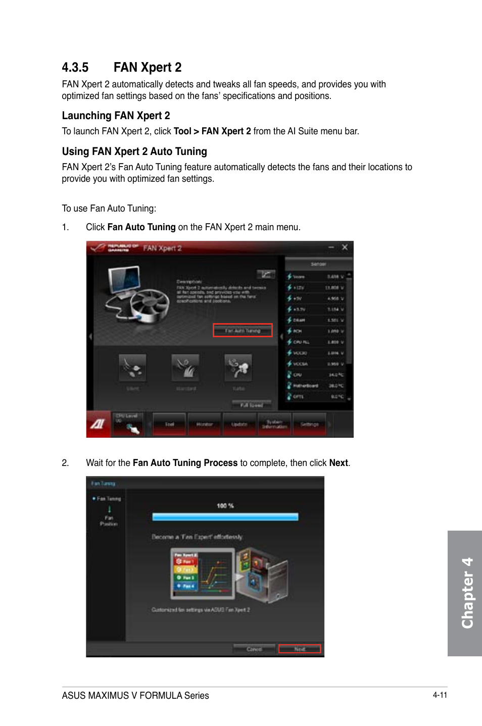 5 fan xpert 2, Fan xpert 2 -11, Chapter 4 | Asus MAXIMUS V E7295 User Manual | Page 153 / 234