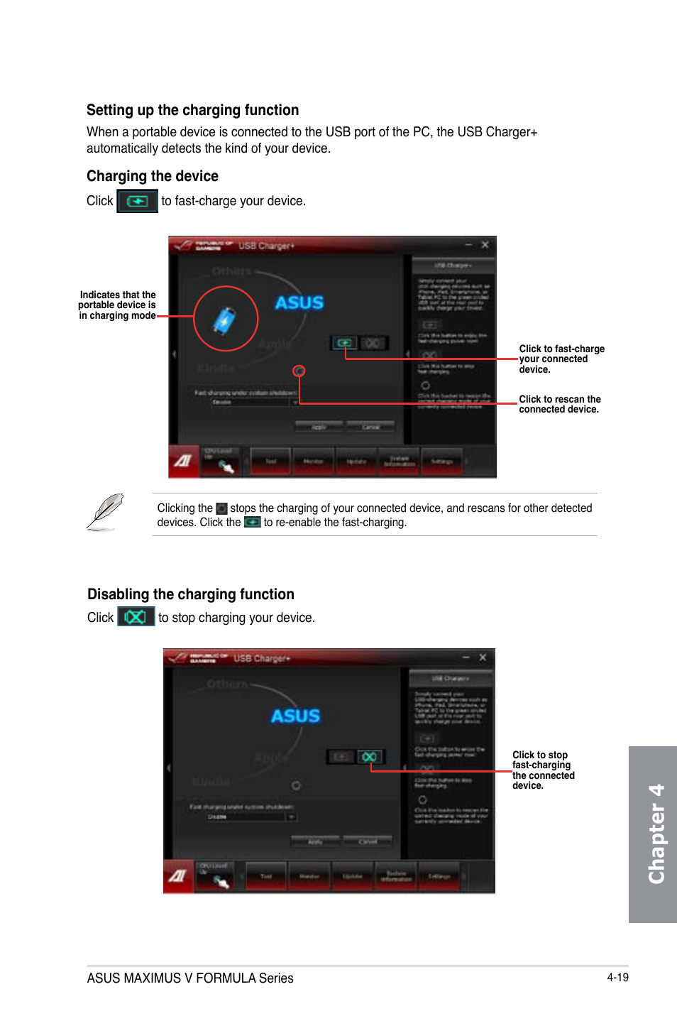 Chapter 4, Setting up the charging function, Charging the device | Disabling the charging function | Asus MAXIMUS V E7295 User Manual | Page 161 / 234