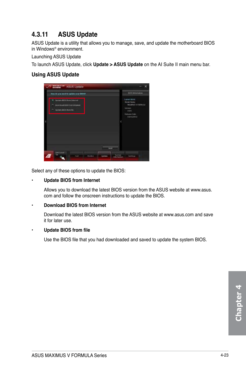 11 asus update, Asus update -23, Chapter 4 | Asus MAXIMUS V E7295 User Manual | Page 165 / 234