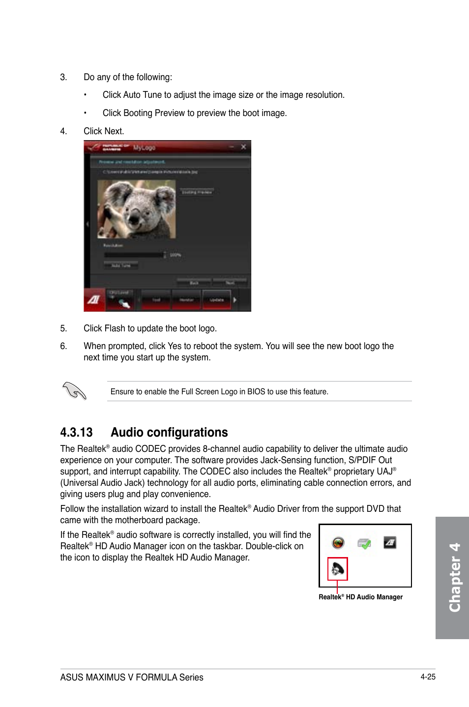 13 audio configurations, Audio configurations -25, Chapter 4 | Asus MAXIMUS V E7295 User Manual | Page 167 / 234