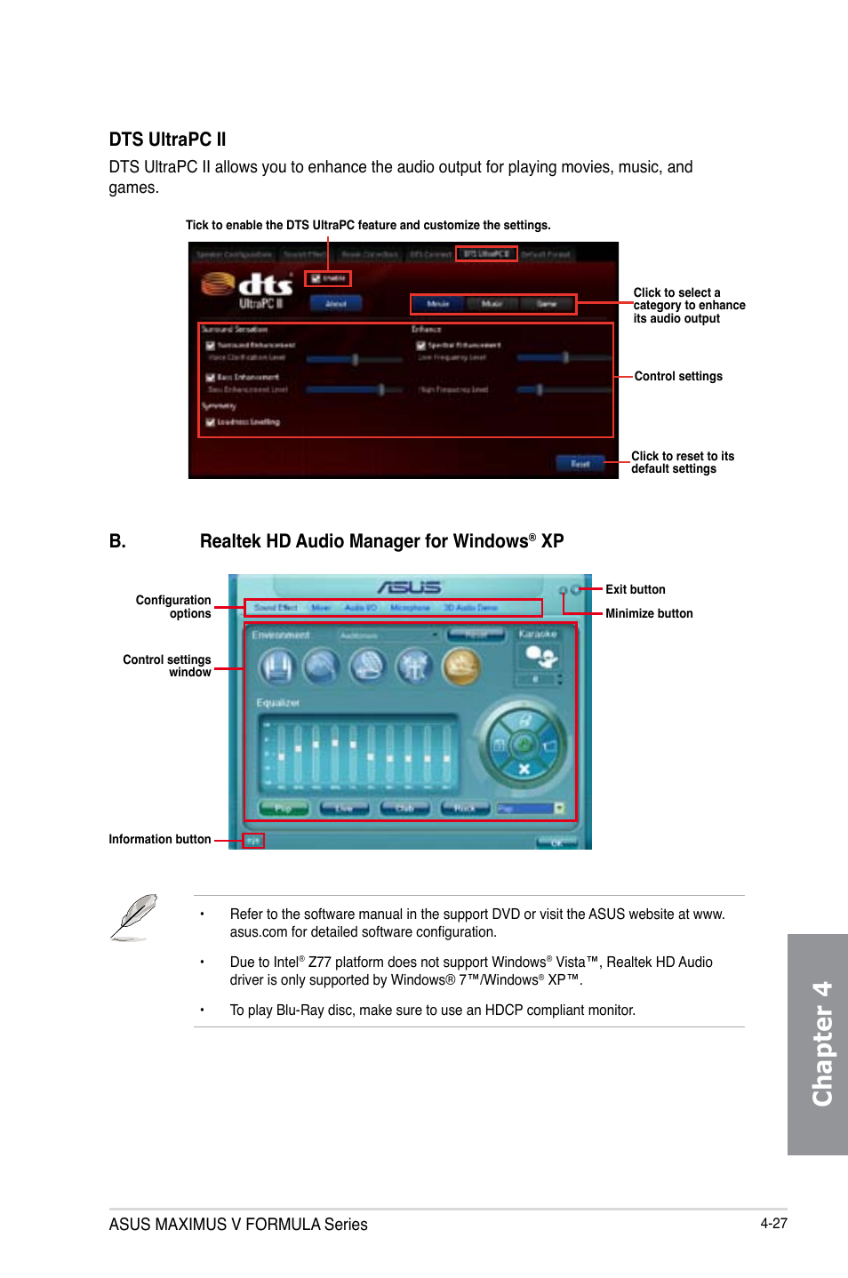 Chapter 4, Dts ultrapc ii, B. realtek hd audio manager for windows | Asus MAXIMUS V E7295 User Manual | Page 169 / 234