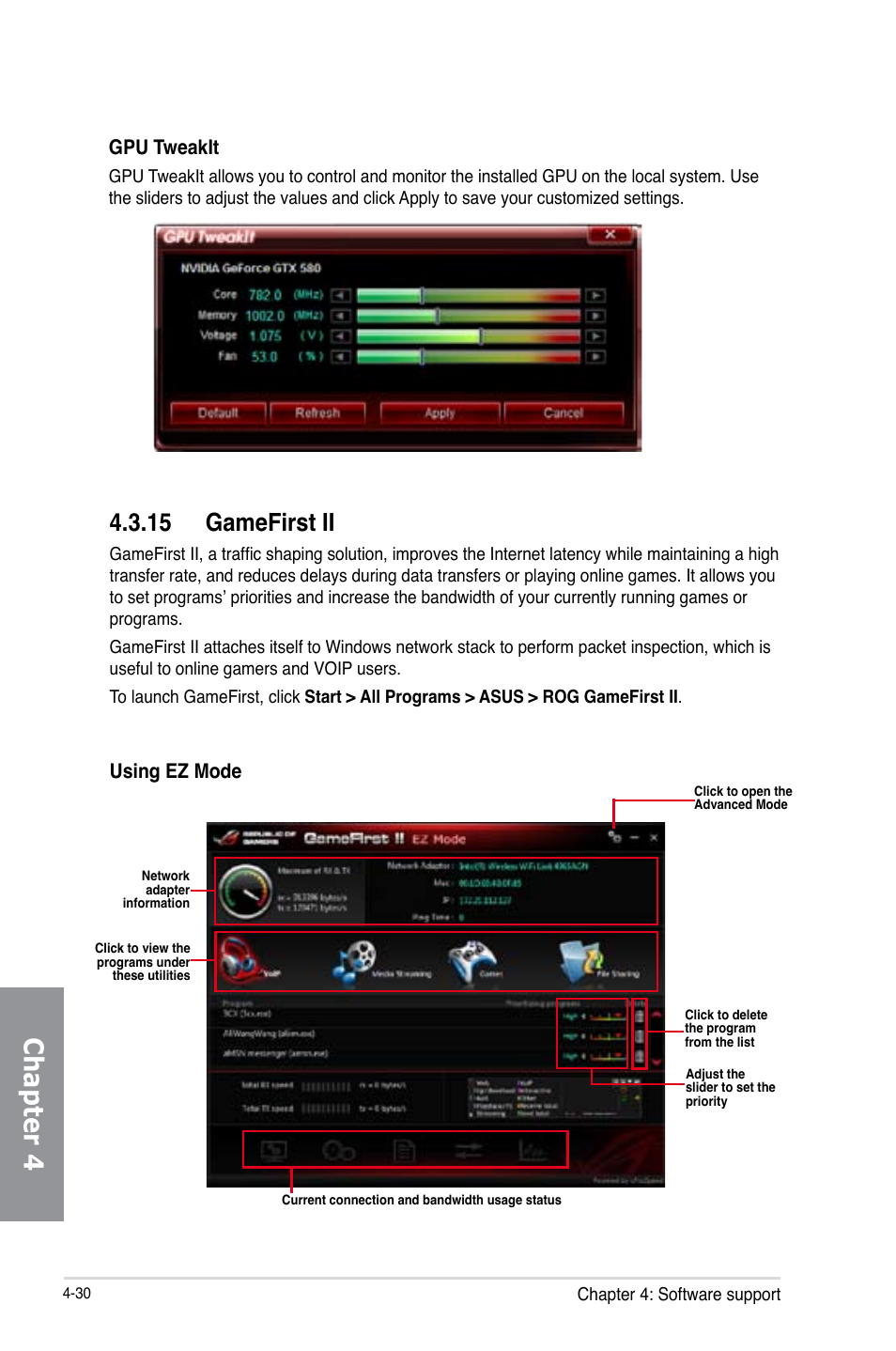 15 gamefirst ii, Gamefirst ii -30, Chapter 4 | Gpu tweakit, Using ez mode | Asus MAXIMUS V E7295 User Manual | Page 172 / 234