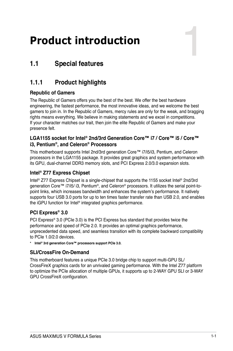 Product introduction, 1 special features, 1 product highlights | Special features -1 1.1.1, Product highlights -1, Chapter 1 | Asus MAXIMUS V E7295 User Manual | Page 19 / 234