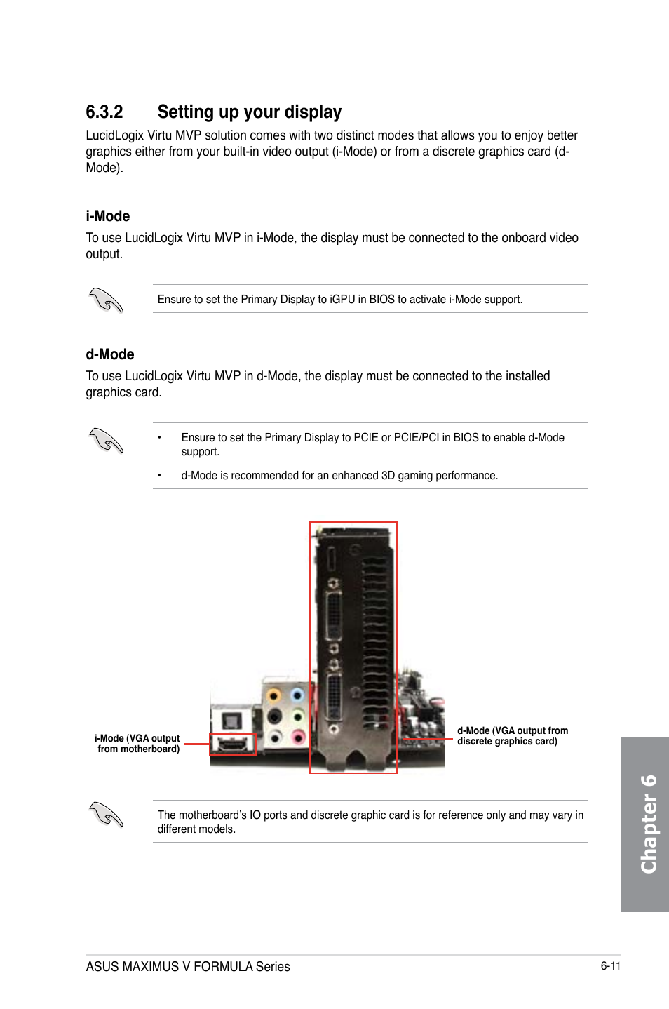 2 setting up your display, Setting up your display -11, Chapter 6 | Asus MAXIMUS V E7295 User Manual | Page 199 / 234