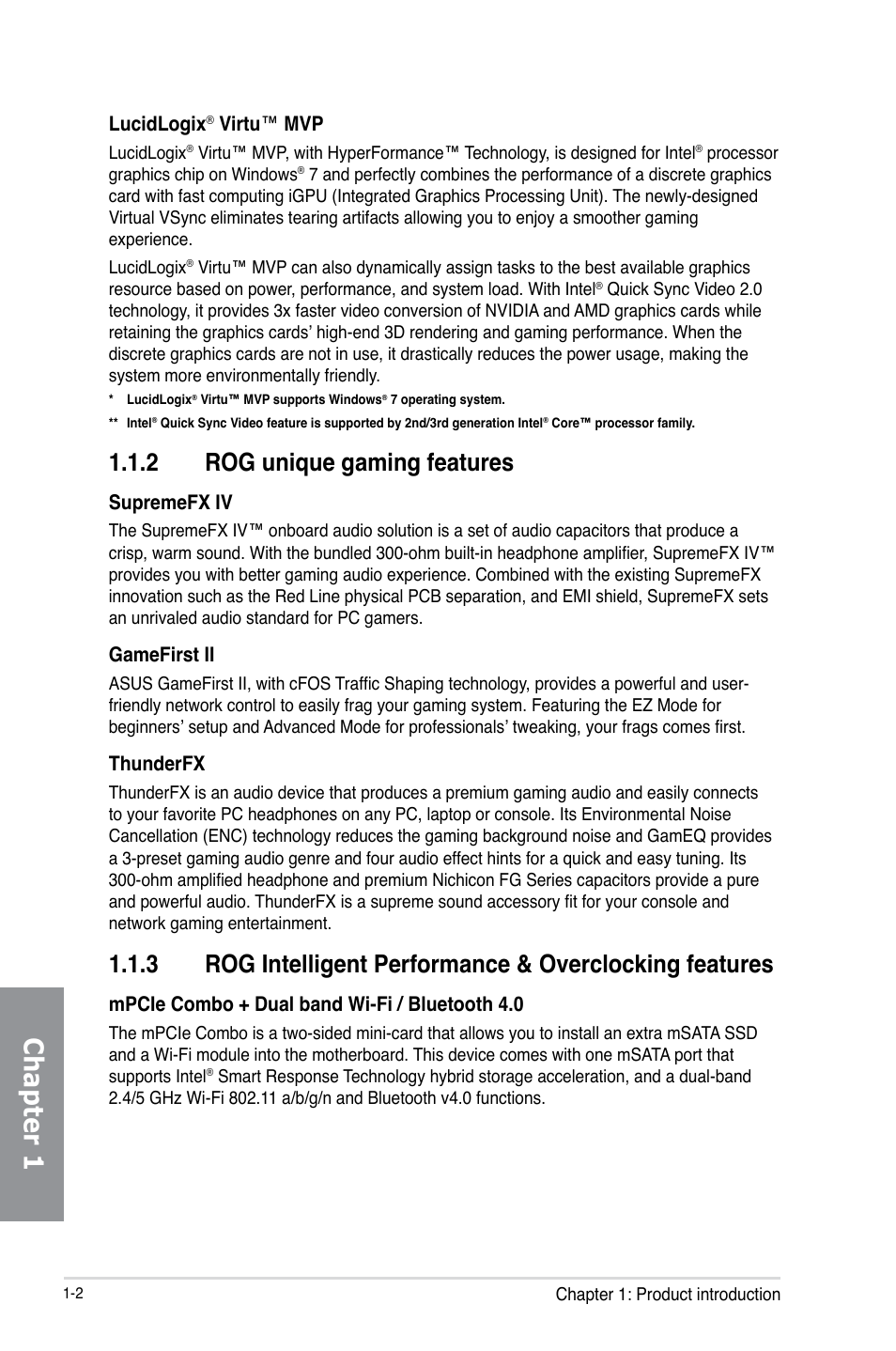 2 rog unique gaming features, Rog unique gaming features -2, Chapter 1 | Asus MAXIMUS V E7295 User Manual | Page 20 / 234