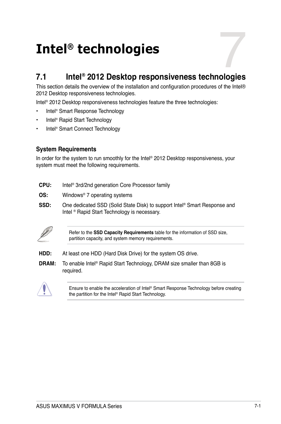 Intel® technologies, 1 intel® 2012 desktop responsiveness technologies, Intel | Technologies, 2012 desktop responsiveness technologies -1, Chapter 7, 1 intel, 2012 desktop responsiveness technologies | Asus MAXIMUS V E7295 User Manual | Page 203 / 234
