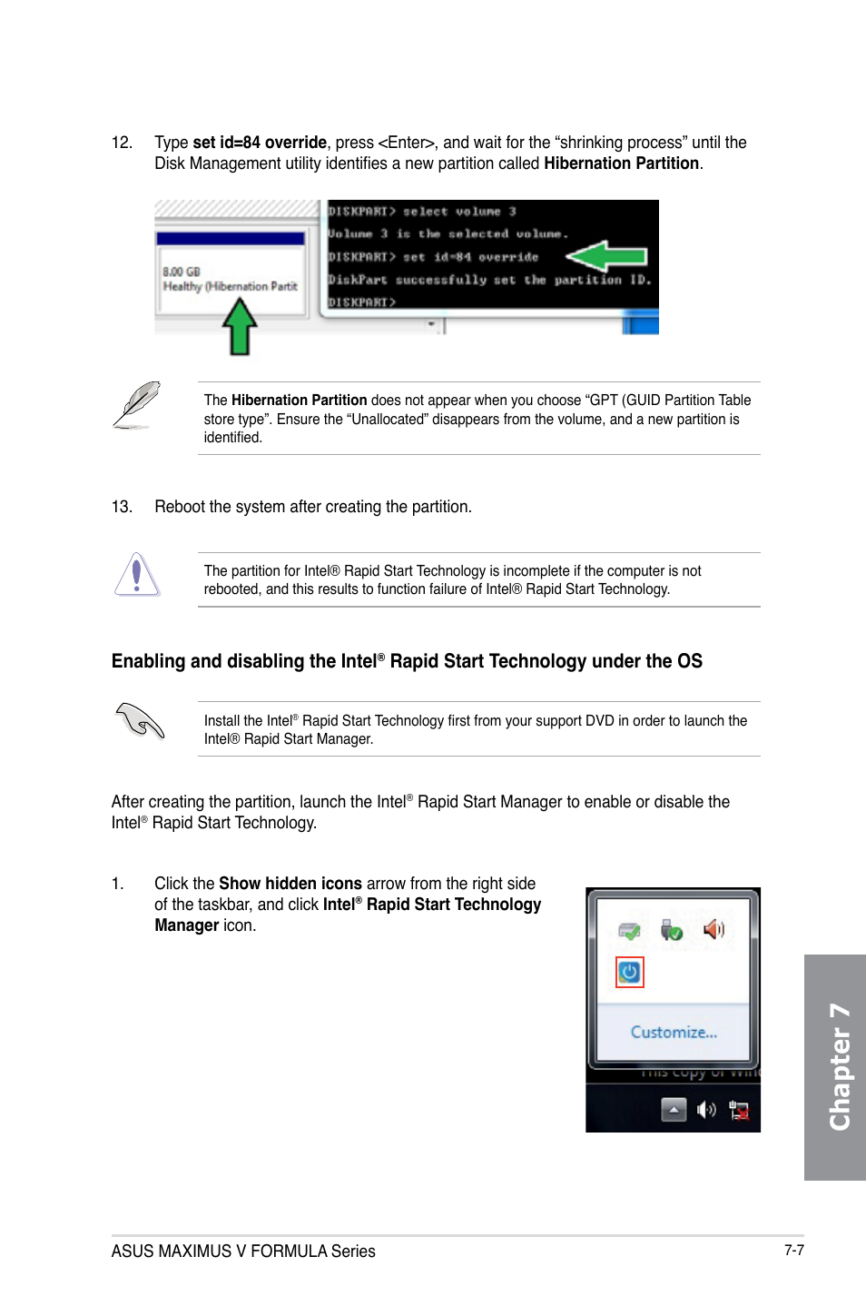 Chapter 7, Enabling and disabling the intel, Rapid start technology under the os | Asus MAXIMUS V E7295 User Manual | Page 209 / 234