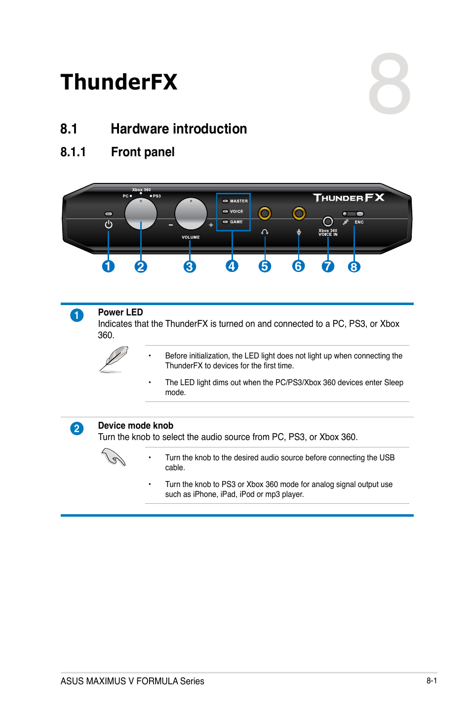 Thunderfx, 1 hardware introduction, 1 front panel | Hardware introduction -1 8.1.1, Front panel -1 | Asus MAXIMUS V E7295 User Manual | Page 215 / 234