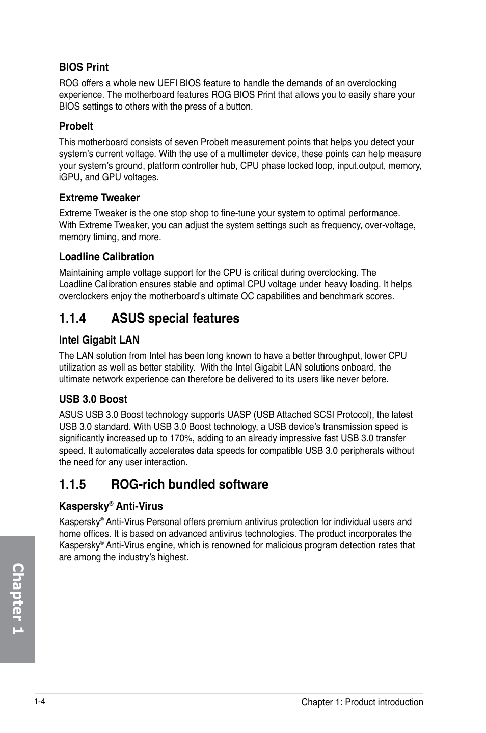 4 asus special features, 5 rog-rich bundled software, Asus special features -4 | Rog-rich bundled software -4, Chapter 1 | Asus MAXIMUS V E7295 User Manual | Page 22 / 234