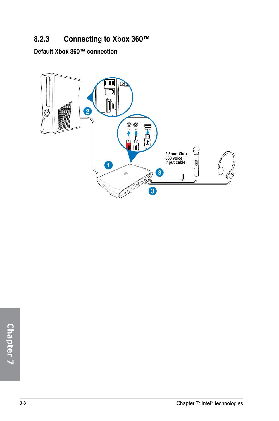 3 connecting to xbox 360, Connecting to xbox 360™ -8, Chapter 7 | Default xbox 360™ connection, Chapter 7: intel, Technologies | Asus MAXIMUS V E7295 User Manual | Page 222 / 234