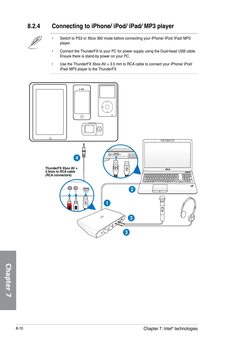 4 connecting to iphone/ ipod/ ipad/ mp3 player, Connecting to iphone/ ipod/ ipad/ mp3 player -10, Chapter 7 | Chapter 7: intel, Technologies | Asus MAXIMUS V E7295 User Manual | Page 224 / 234