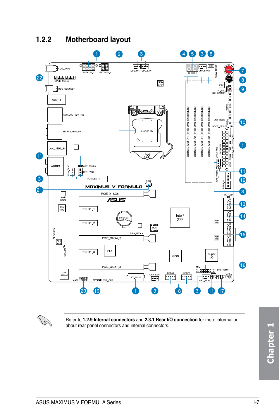 2 motherboard layout, Motherboard layout -7, Chapter 1 | Asus MAXIMUS V E7295 User Manual | Page 25 / 234