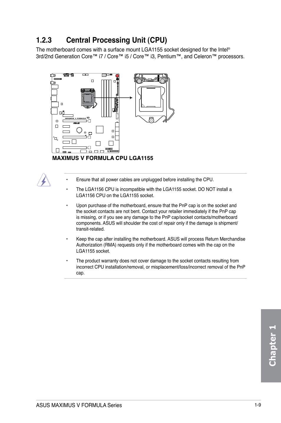 3 central processing unit (cpu), Central processing unit (cpu) -9, Chapter 1 | Asus MAXIMUS V E7295 User Manual | Page 27 / 234