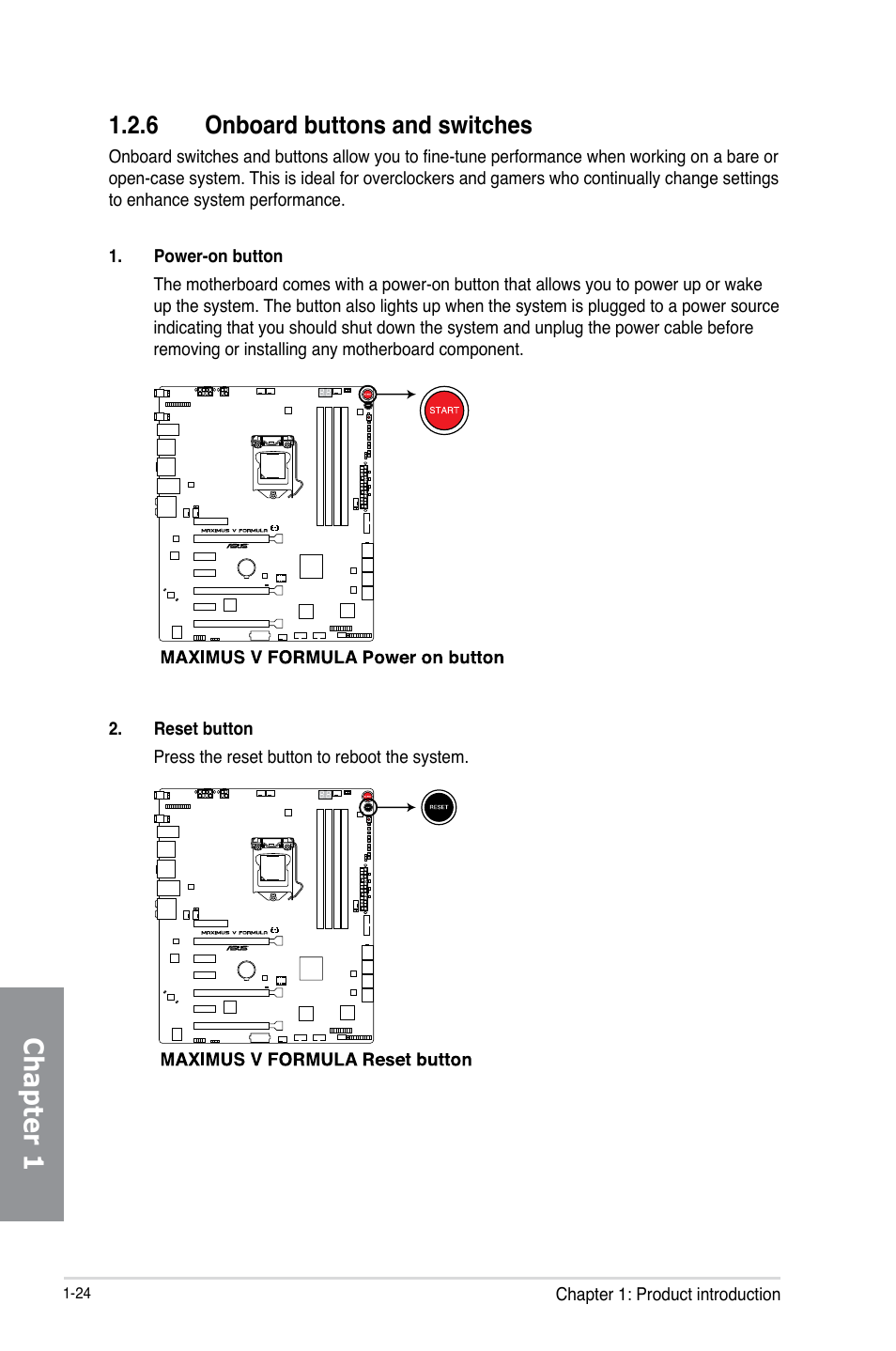 6 onboard buttons and switches, Onboard buttons and switches -24, Chapter 1 | Asus MAXIMUS V E7295 User Manual | Page 42 / 234