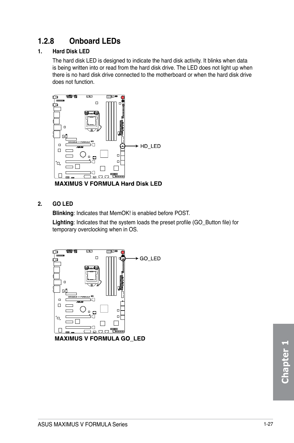 8 onboard leds, Onboard leds -27, Chapter 1 | Asus MAXIMUS V E7295 User Manual | Page 45 / 234