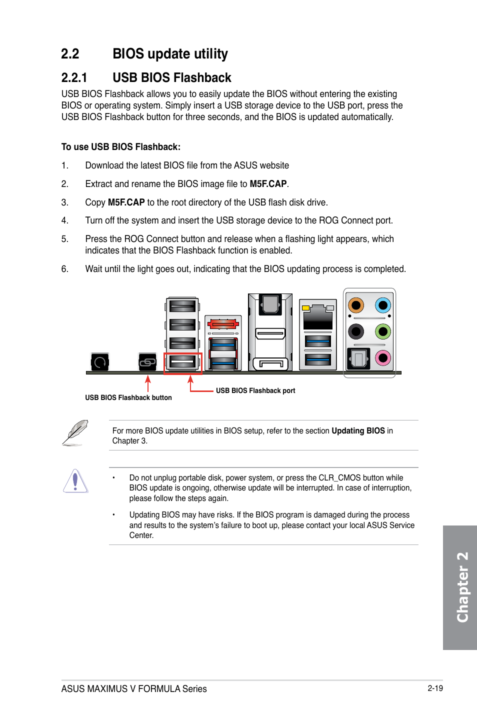 2 bios update utility, 1 usb bios flashback, Bios update utility -19 2.2.1 | Usb bios flashback -19, Chapter 2 2.2 bios update utility | Asus MAXIMUS V E7295 User Manual | Page 85 / 234