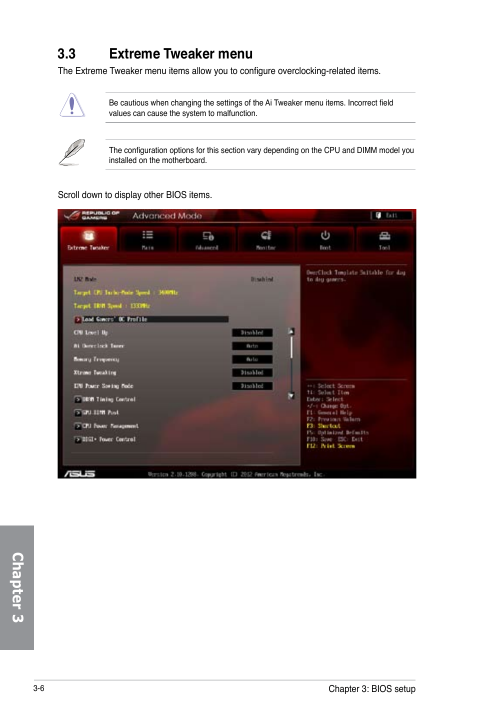 3 extreme tweaker menu, Extreme tweaker menu -6, Chapter 3 3.3 extreme tweaker menu | Asus MAXIMUS V E7295 User Manual | Page 98 / 234
