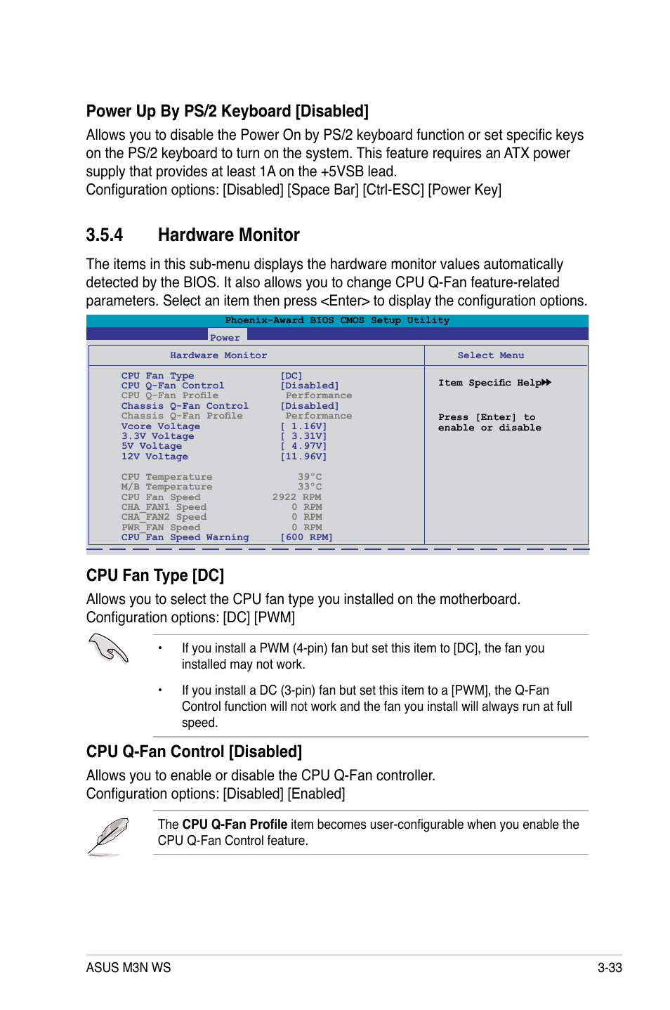 4 hardware monitor, Hardware monitor -33, Cpu fan type [dc | Cpu q-fan control [disabled, Power up by ps/2 keyboard [disabled | Asus M3N WS User Manual | Page 101 / 162