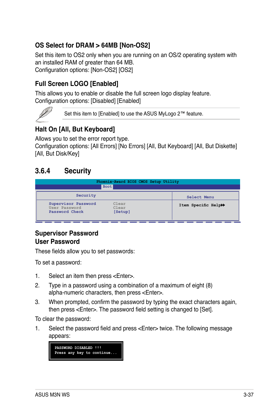 4 security, Security -37, Supervisor password user password | Os select for dram > 64mb [non-os2, Full screen logo [enabled, Halt on [all, but keyboard | Asus M3N WS User Manual | Page 105 / 162