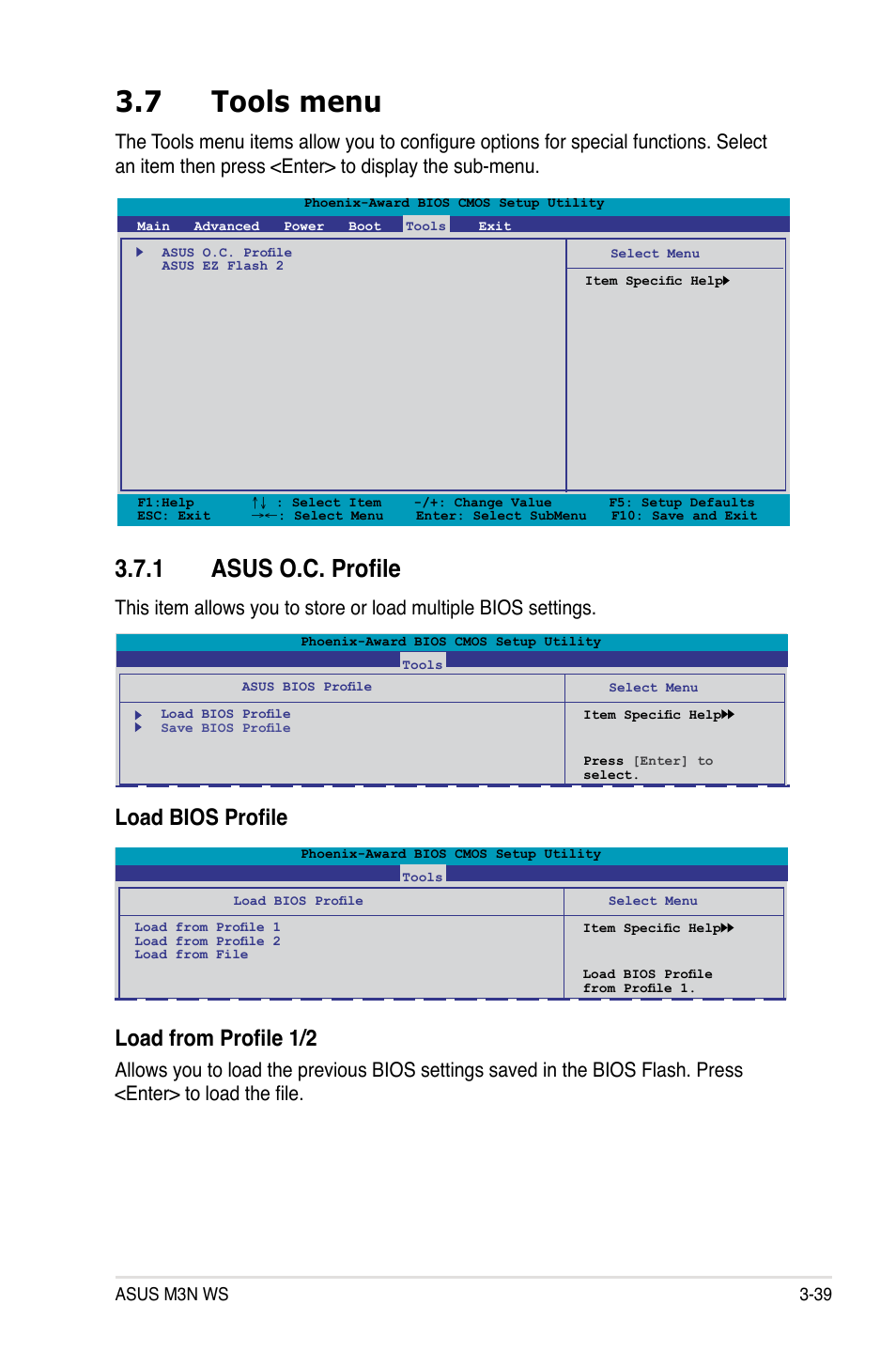 7 tools menu, 1 asus o.c. profile, Tools menu -39 3.7.1 | Asus o.c. profile -39, Load bios profile load from profile 1/2 | Asus M3N WS User Manual | Page 107 / 162