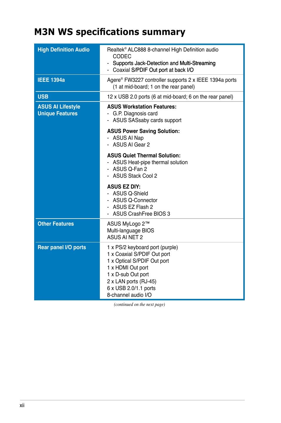 M3n ws specifications summary | Asus M3N WS User Manual | Page 12 / 162