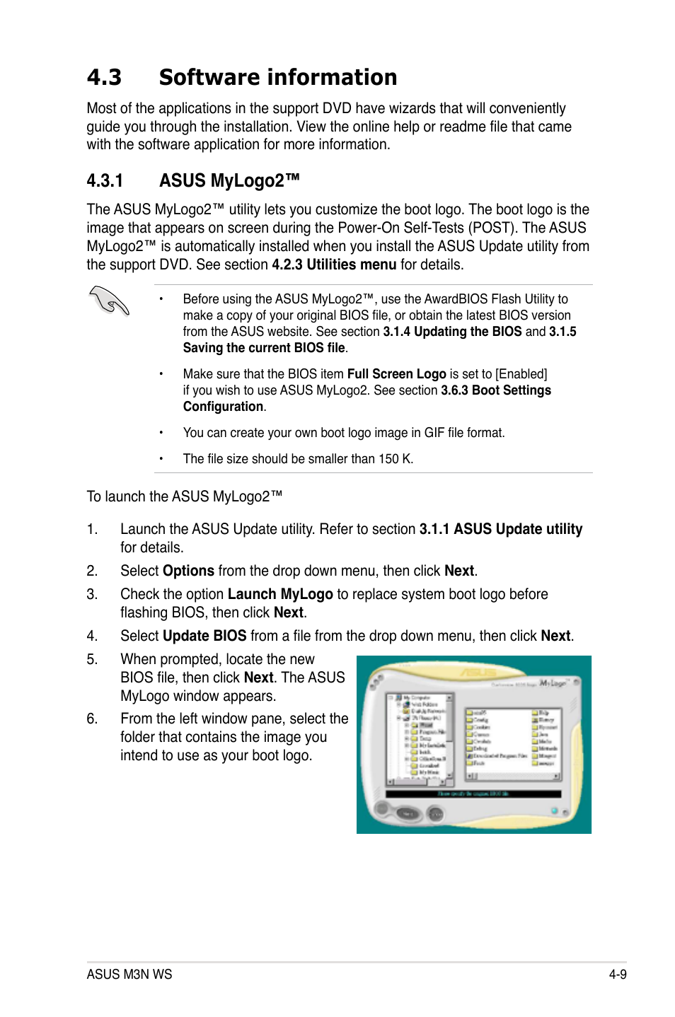 3 software information, 1 asus mylogo2, Software information -9 4.3.1 | Asus mylogo2™ -9 | Asus M3N WS User Manual | Page 121 / 162