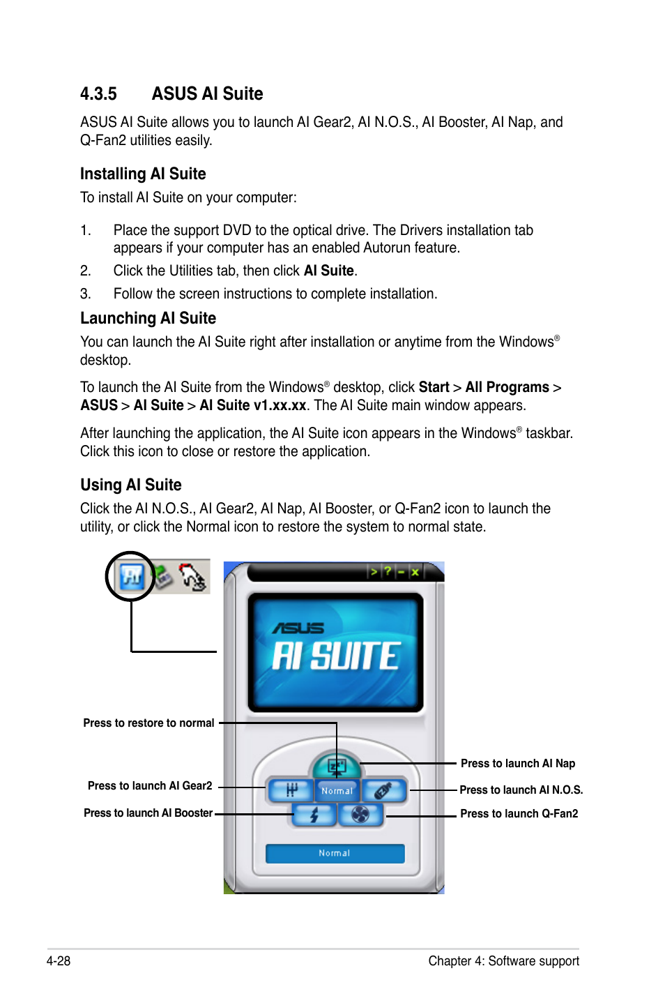 5 asus ai suite, 5 asus ai suite -28, Installing ai suite | Launching ai suite, Using ai suite | Asus M3N WS User Manual | Page 140 / 162