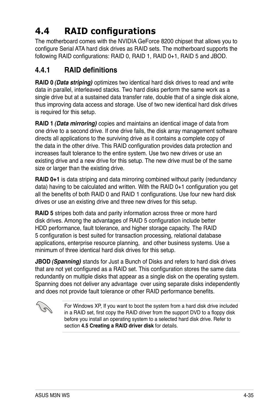 4 raid configurations, 1 raid definitions, Raid configurations -35 4.4.1 | Raid definitions -35 | Asus M3N WS User Manual | Page 147 / 162