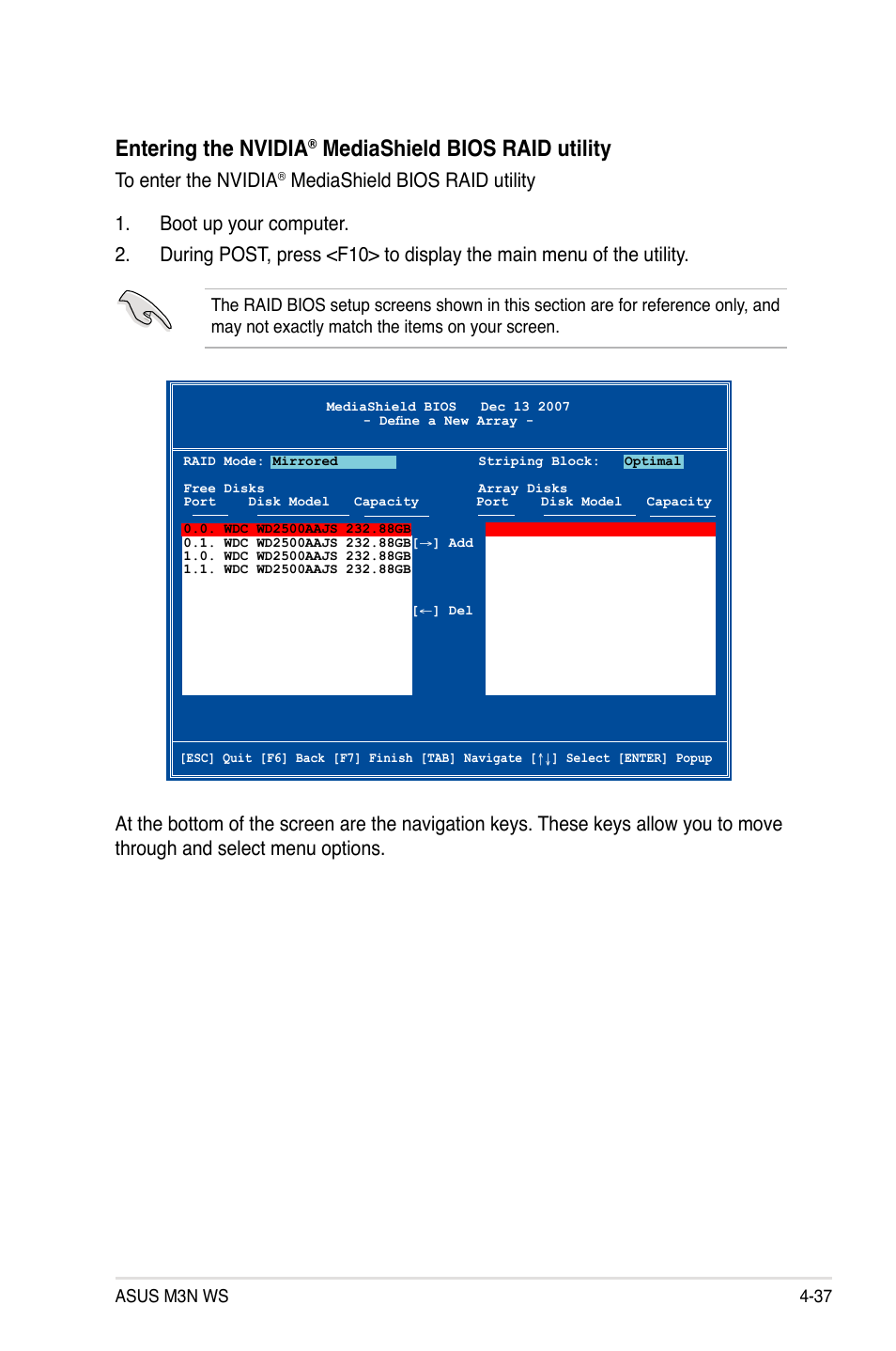 Entering the nvidia, Mediashield bios raid utility | Asus M3N WS User Manual | Page 149 / 162