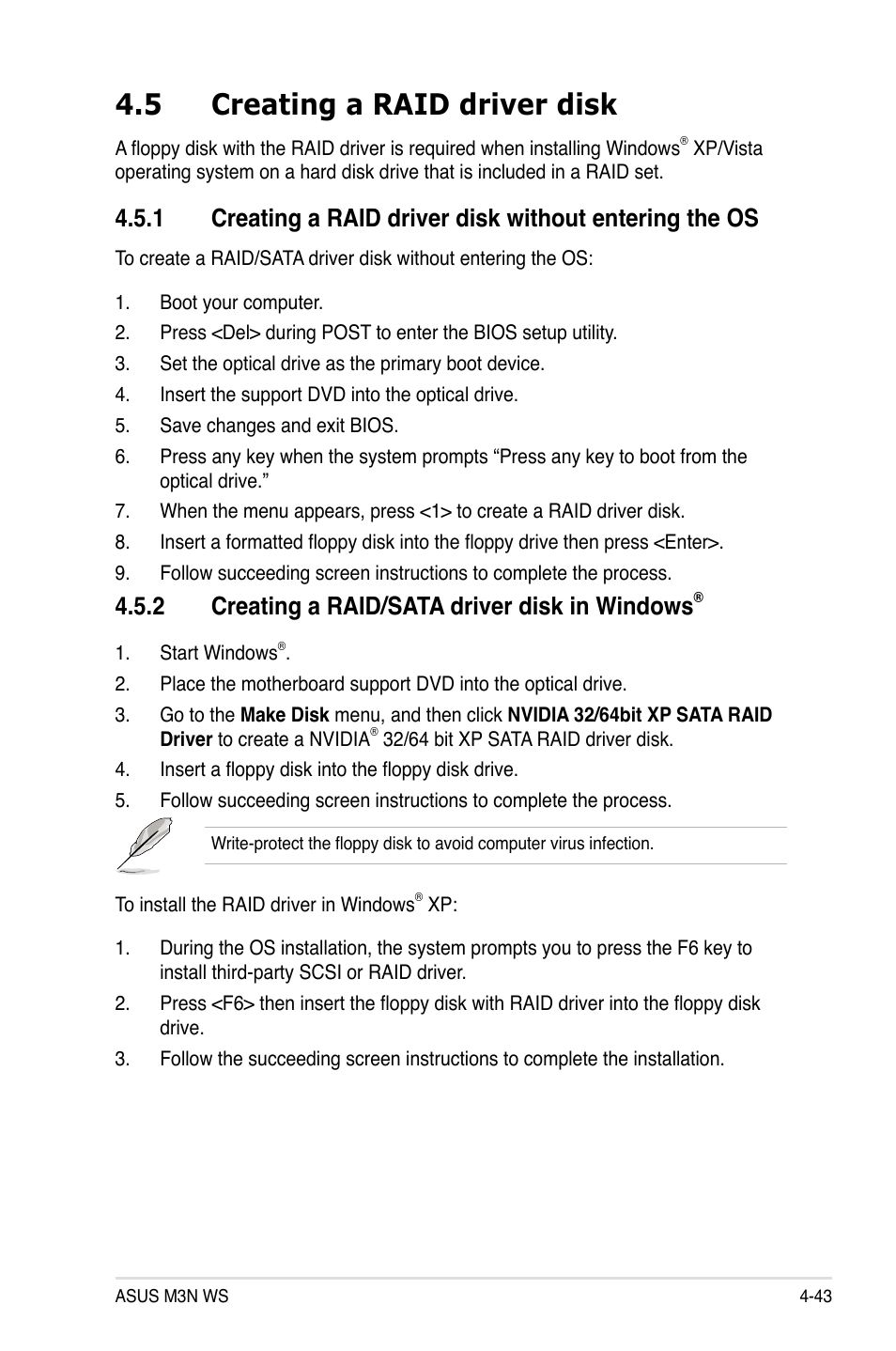 5 creating a raid driver disk, 2 creating a raid/sata driver disk in windows, Creating a raid driver disk -43 4.5.1 | Creating a raid/sata driver disk in windows | Asus M3N WS User Manual | Page 155 / 162