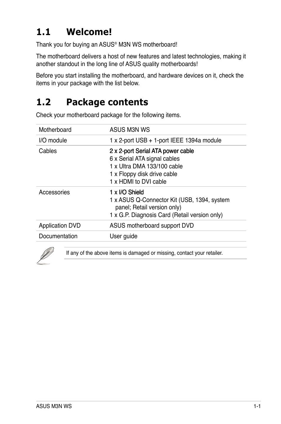 1 welcome, 2 package contents, Welcome! -1 | Package contents -1 | Asus M3N WS User Manual | Page 17 / 162