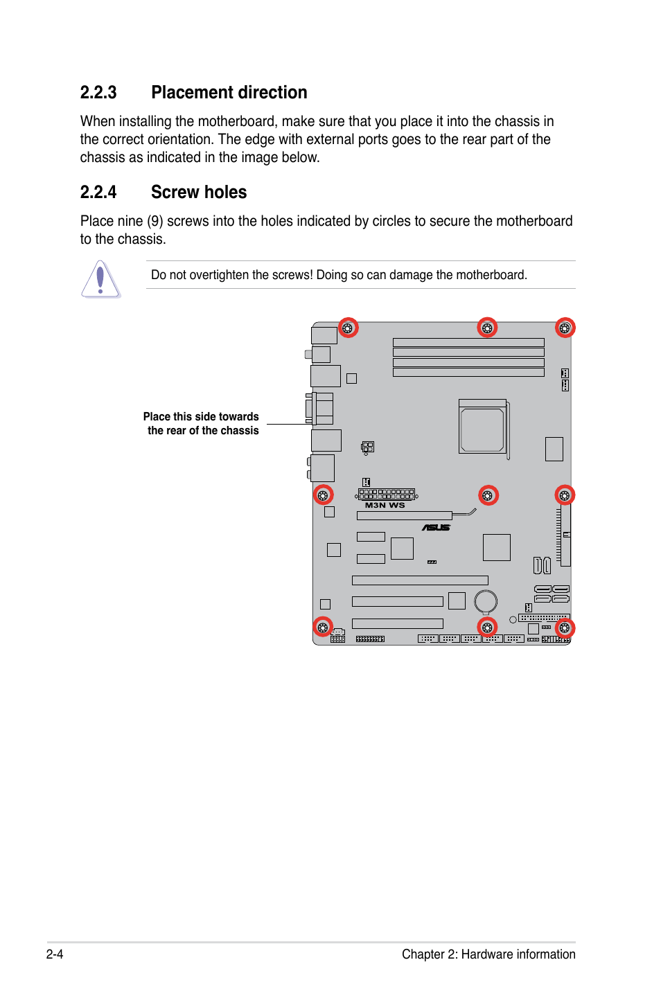 3 placement direction, 4 screw holes, Placement direction -4 | Screw holes -4 | Asus M3N WS User Manual | Page 28 / 162