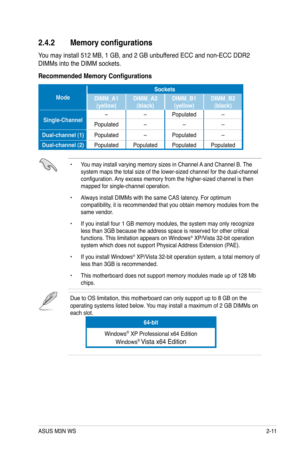 2 memory configurations, Memory configurations -11 | Asus M3N WS User Manual | Page 35 / 162