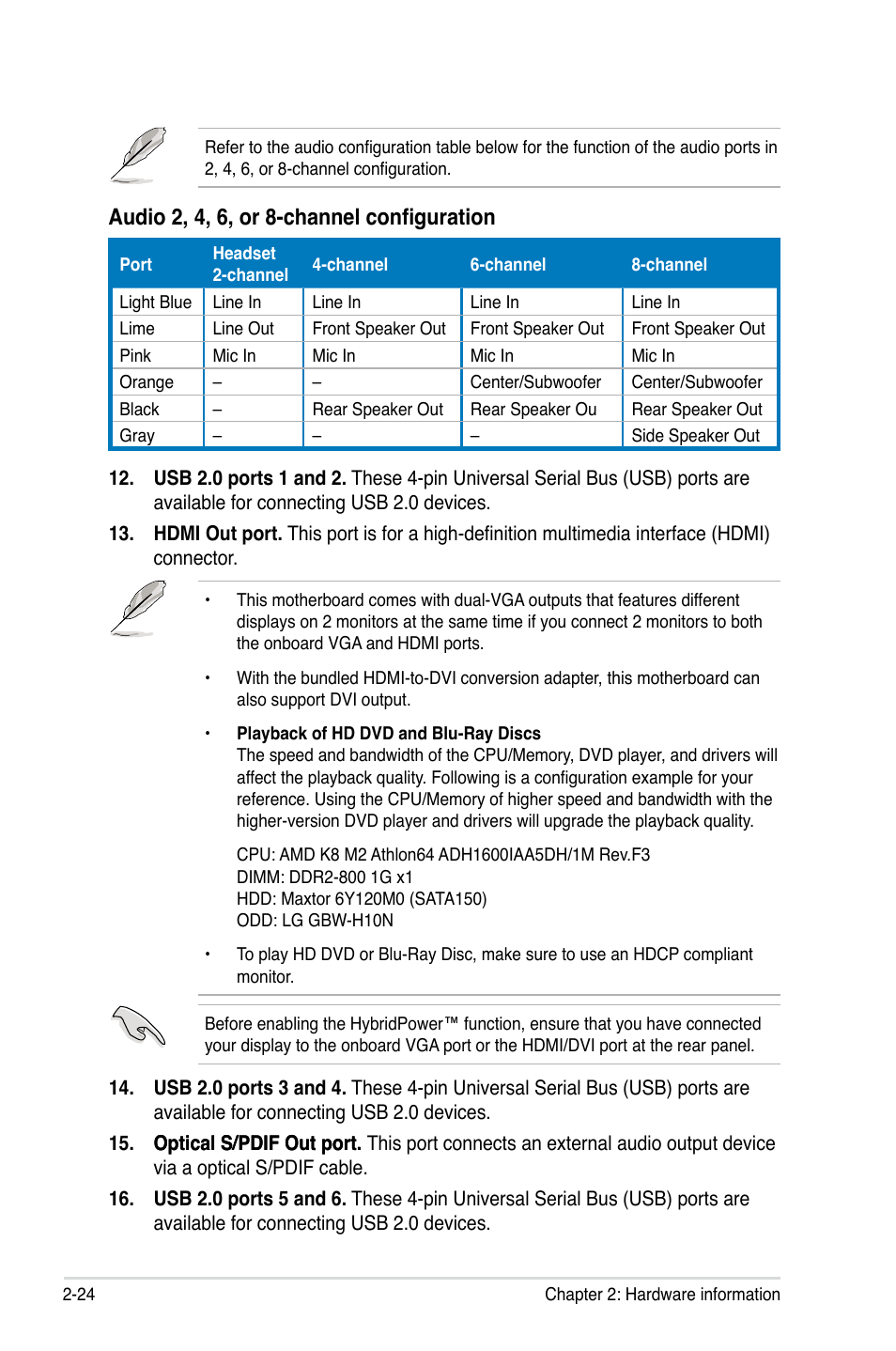 Audio 2, 4, 6, or 8-channel configuration | Asus M3N WS User Manual | Page 48 / 162