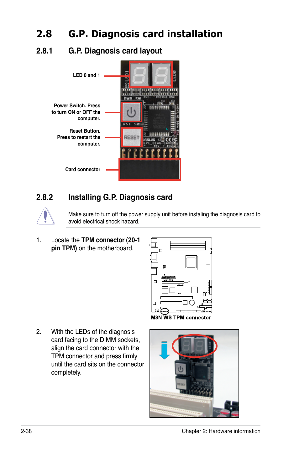 8 g.p. diagnosis card installation, 1 g.p. diagnosis card layout, 2 installing g.p. diagnosis card | G.p. diagnosis card installation -38 2.8.1, G.p. diagnosis card layout -38, Installing g.p. diagnosis card -38 | Asus M3N WS User Manual | Page 62 / 162