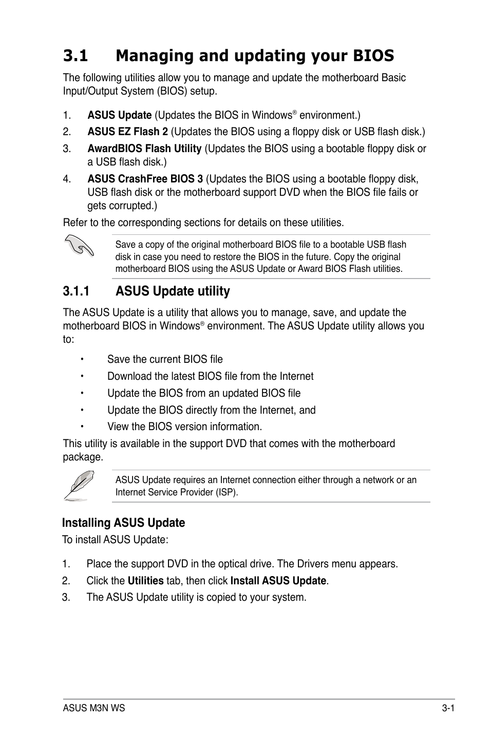 1 managing and updating your bios, 1 asus update utility, Managing and updating your bios -1 3.1.1 | Asus update utility -1 | Asus M3N WS User Manual | Page 69 / 162