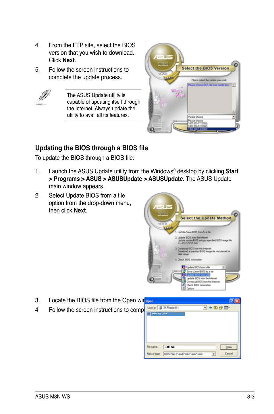 Updating the bios through a bios file | Asus M3N WS User Manual | Page 71 / 162